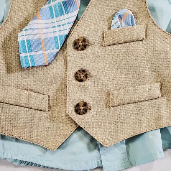 K1288 * Starting Out Boys 4pc Suit Tan Blue Size 3/6M - Picture 7 of 12
